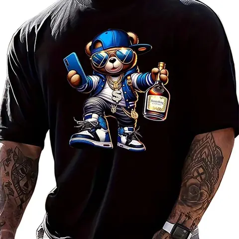 Men's Pure Cotton Trendy Graphic T-Shirt - Funny Cartoon Bear All Over Print, Athletic Casual Loose-Fit Short-Sleeve, Foldable Trendy Streetwear Top, Men's Gift