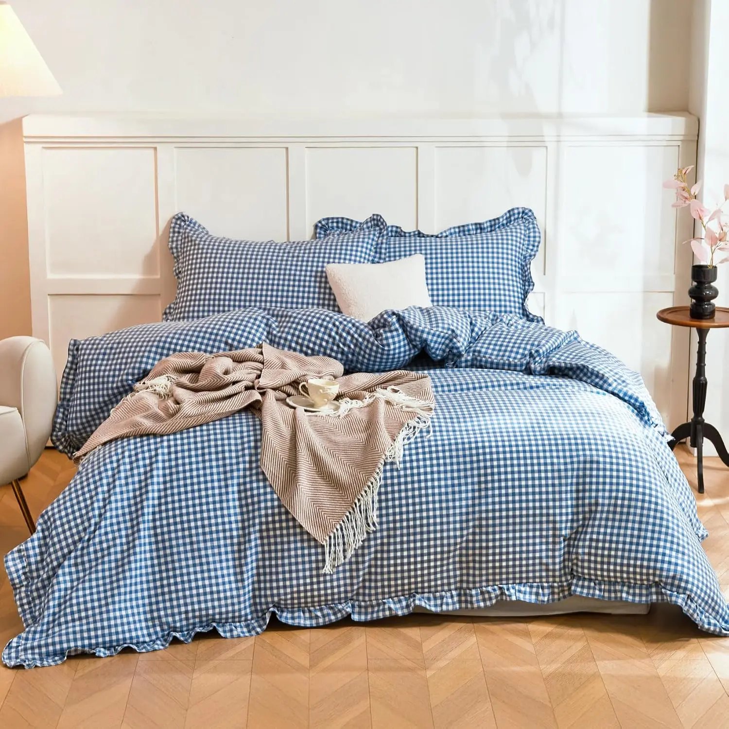 100% Cotton Ruffled Gingham Duvet Cover Set of 3, King Size 104"x90" Blue White, Soft Breathable Vintage Bedroom Decor with Pillowcases, Year Round Bedding (Comforter Not Included)
