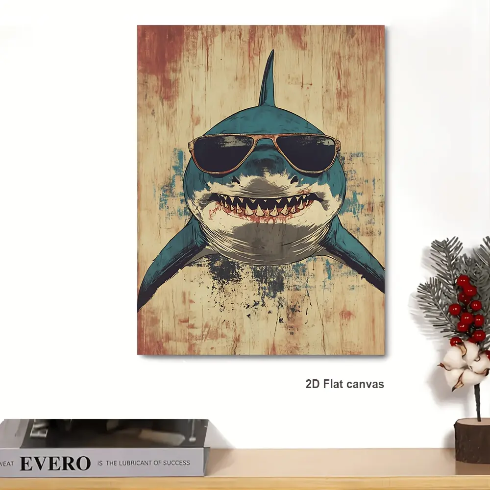 2D Flat, 1pc Shark Poster Framed Wall - Modern Minimalist Suitable for Bedroom & Decor, Wrapped Canvas Shark with Fashion Glasses, Framed Picture for Contemporary or Office Decoration, Shark-Themed Gift, 2D Flat