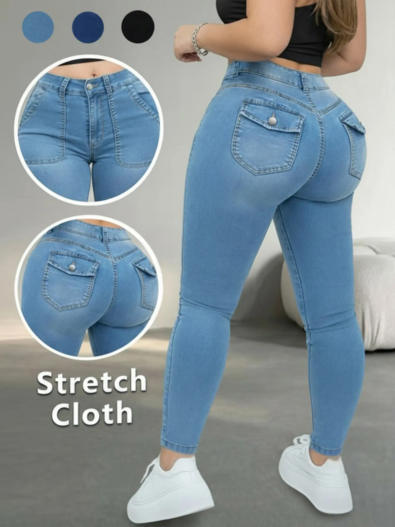 Elastic Fitted High-Waist Women's Jeans, Pocket Design Light Wash Skinny Conceal Fat Slim Fit Denim Jeans, Daily Versatile Pear Shape Friendly