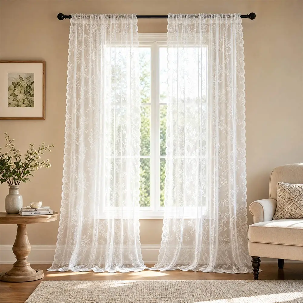 2-Pack Breathable Floral Lace Curtain Panels, Rod Pocket Design, Elegant Sheer Drapes, Window Drapes for Home Decoration Curtain, Living Room Bedroom Dining Room