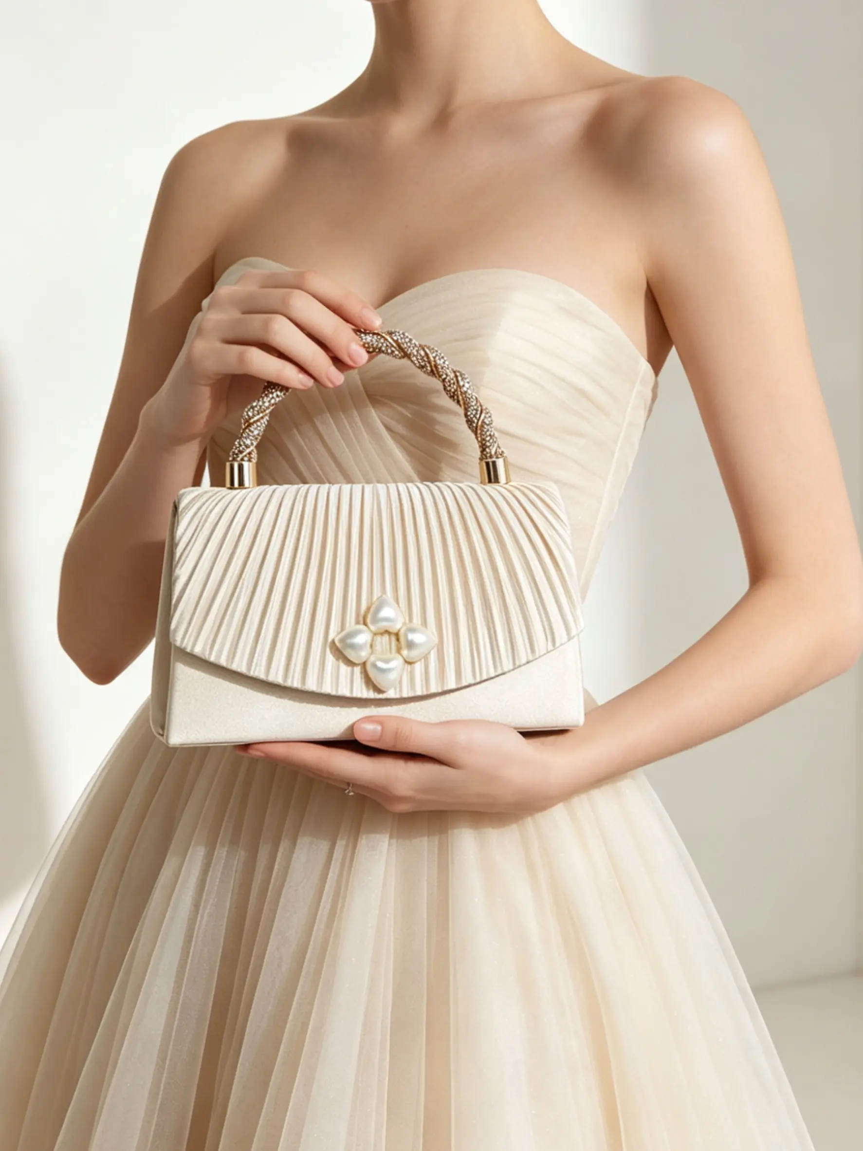 Apricot Satin Pleated Pearl Heart Rhinestone Twisted Handle Evening Bag, Wedding Party Event Bridal Dress Accessory, Versatile Handbag