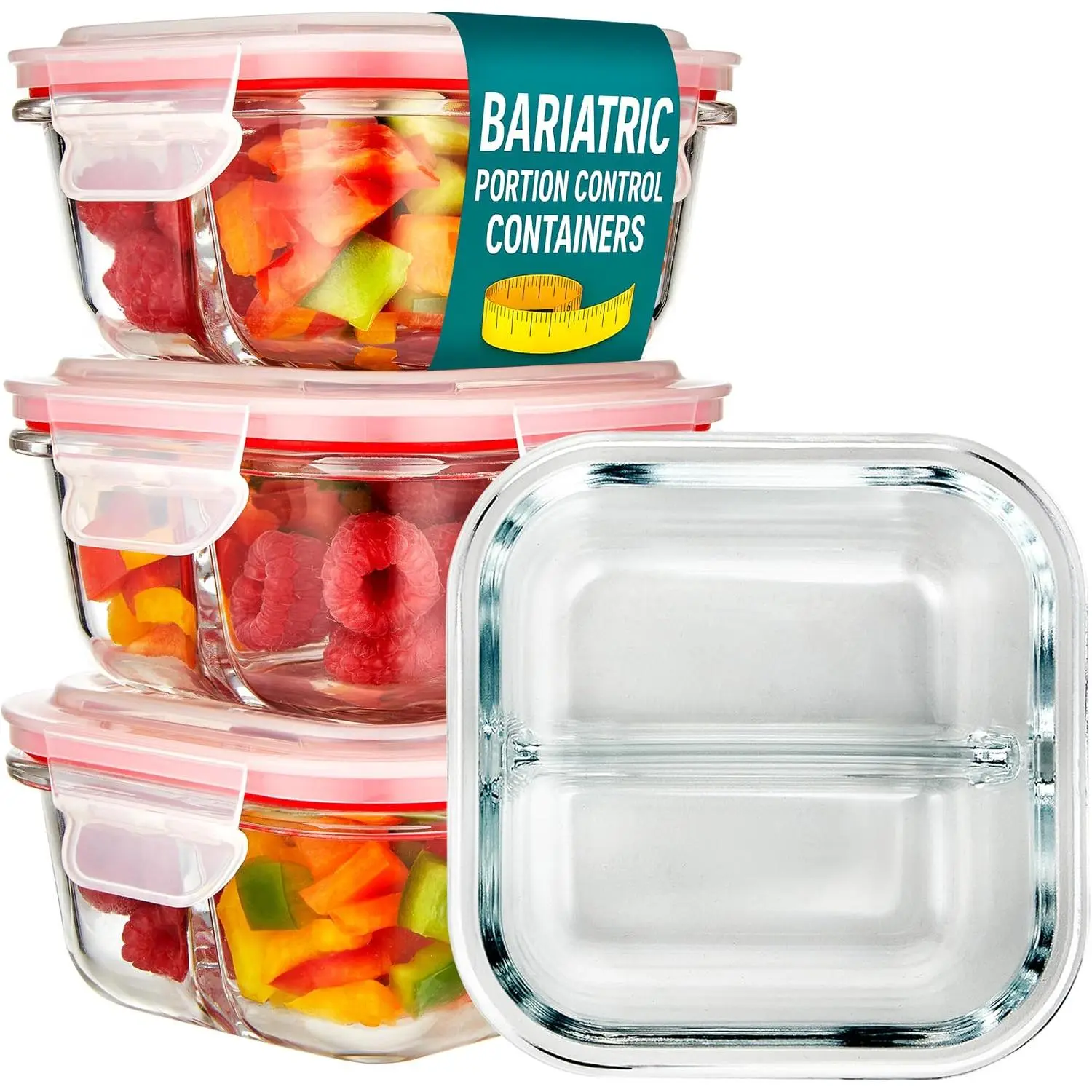 Glass Portion Control Bariatric Containers (3 Pack), 1 Cup  Containers with Two 4 oz Compartments, 4oz  Storage Containers for meal prep, Microwave Safe Glass Portion Containers with
