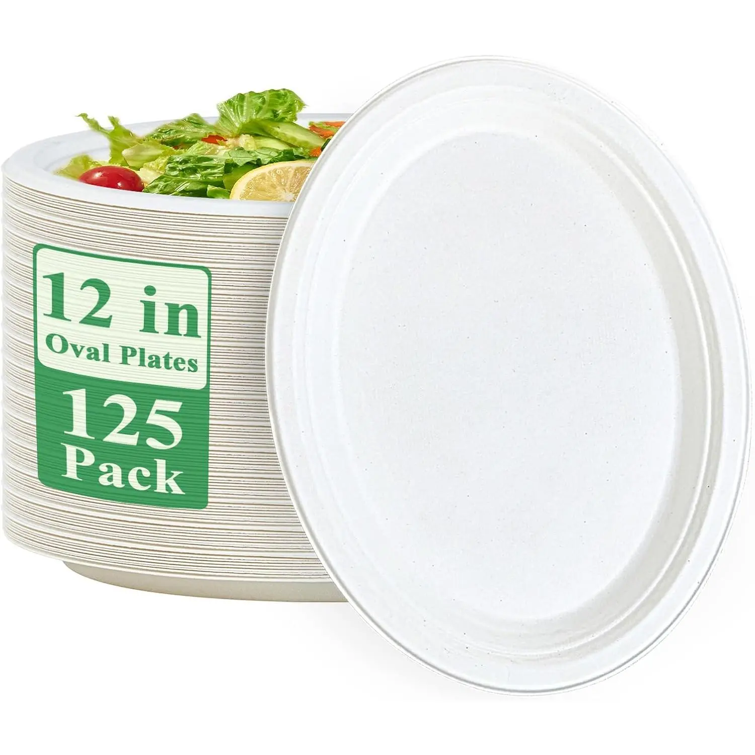 Vplus 100% Compostable Oval Paper Plates 12 inch 125 Pack, White| Super Strong, Disposable Paper Plates, Bagasse Natural Biodegradable, Sugarcane for BBQ, Party, Dinner, and Picnic