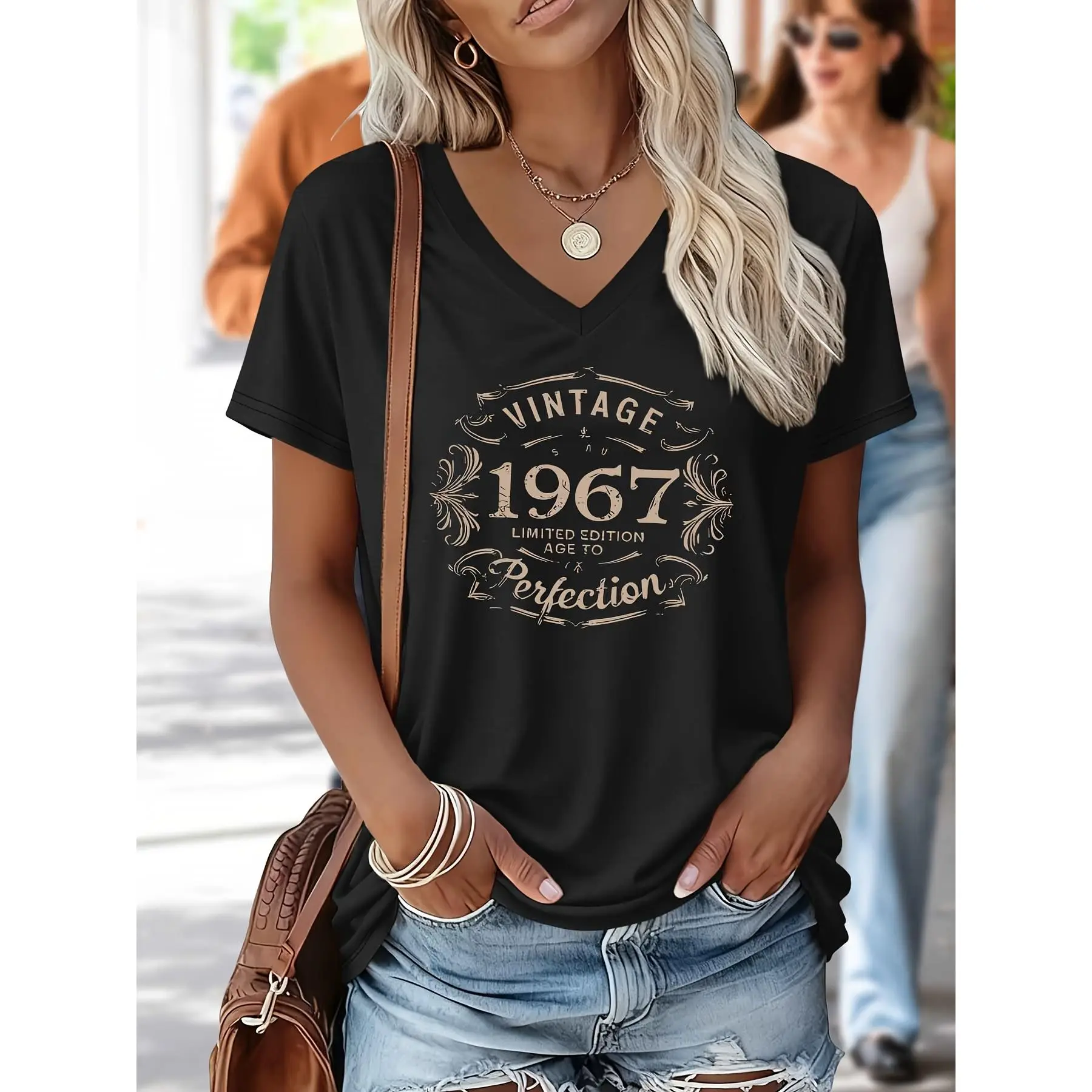 [Vintage 1967 T-Shirt] VINTAGE Vintage 1967 Print Women's V-Neck Short-Sleeve T-Shirt - 1pc Elegant Party Spring/Summer Fashion Colored T-Shirt