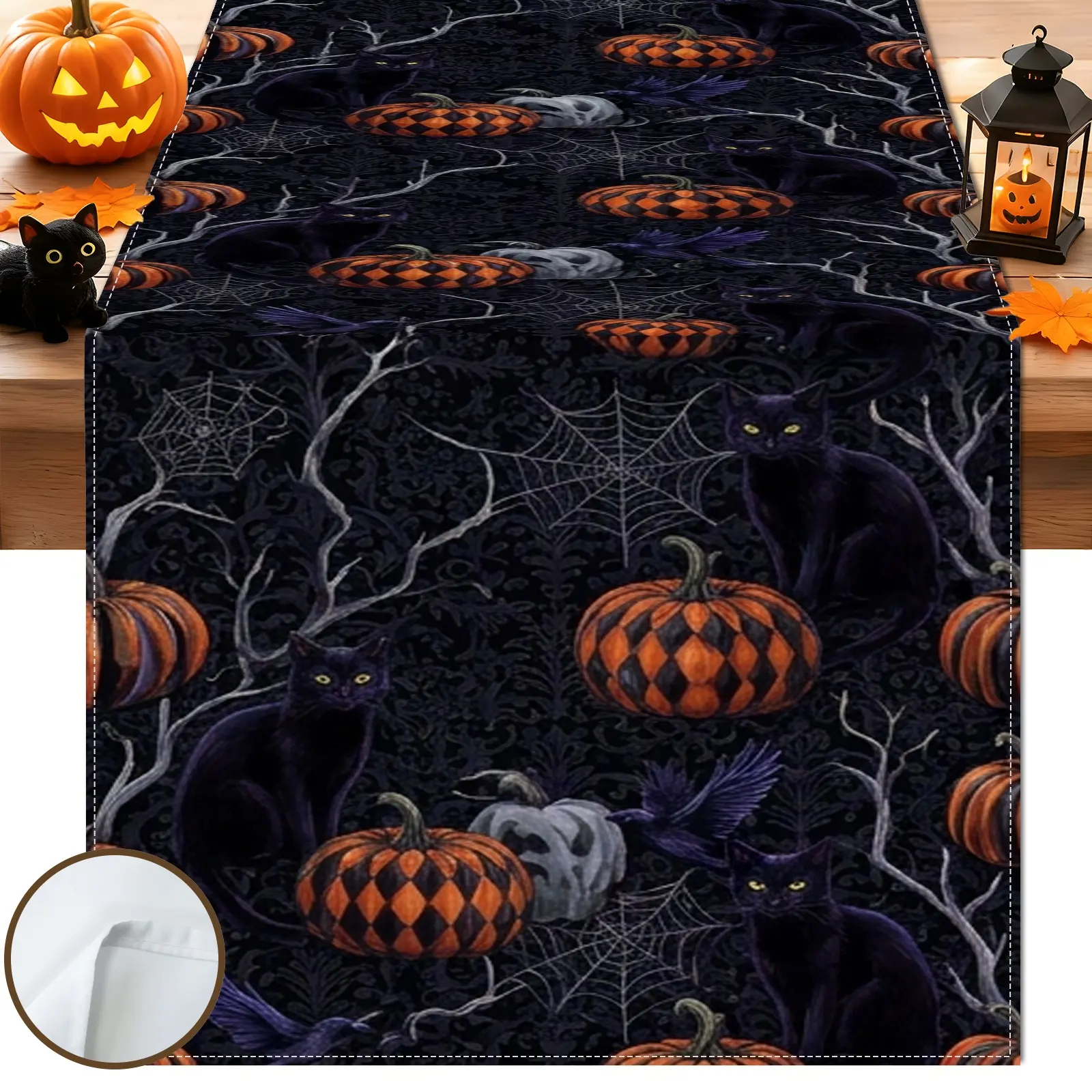 1pc Pumpkin Spider Web Skull Table Runner, Gothic Halloween Style, Repeating Pattern with Dark Background, for Dining Table Halloween Party Home Decor Seasonal Table Decor
