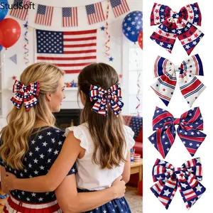 Patriotic Cheer Bows 4-Pack, Large Stars and Stripes Ribbon Hair Clips for Women and Girls, American Flag Headwear for 4th of July