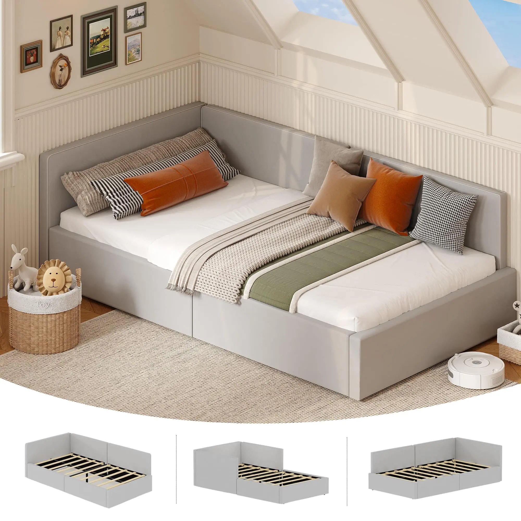 Modern Twin Daybed Velvet Upholstered Corner Bed Frame w/ Bed Rails& Headboard & Guardrail for Living Room, Bedroom – Easy Assembly