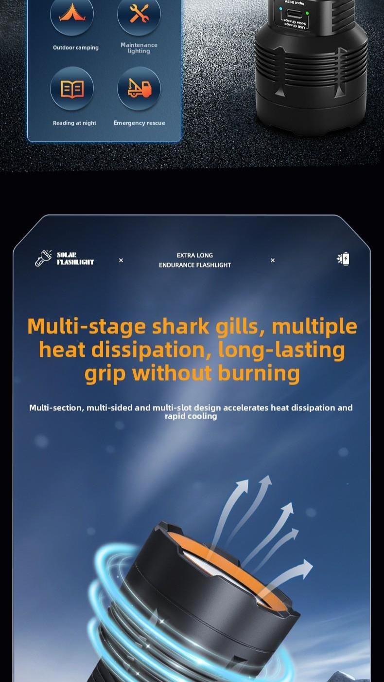 Solar Powered Flashlight, High Brightness Long Range Rechargeable Portable Torch, Concentrated Light for Camping Hiking Emergency