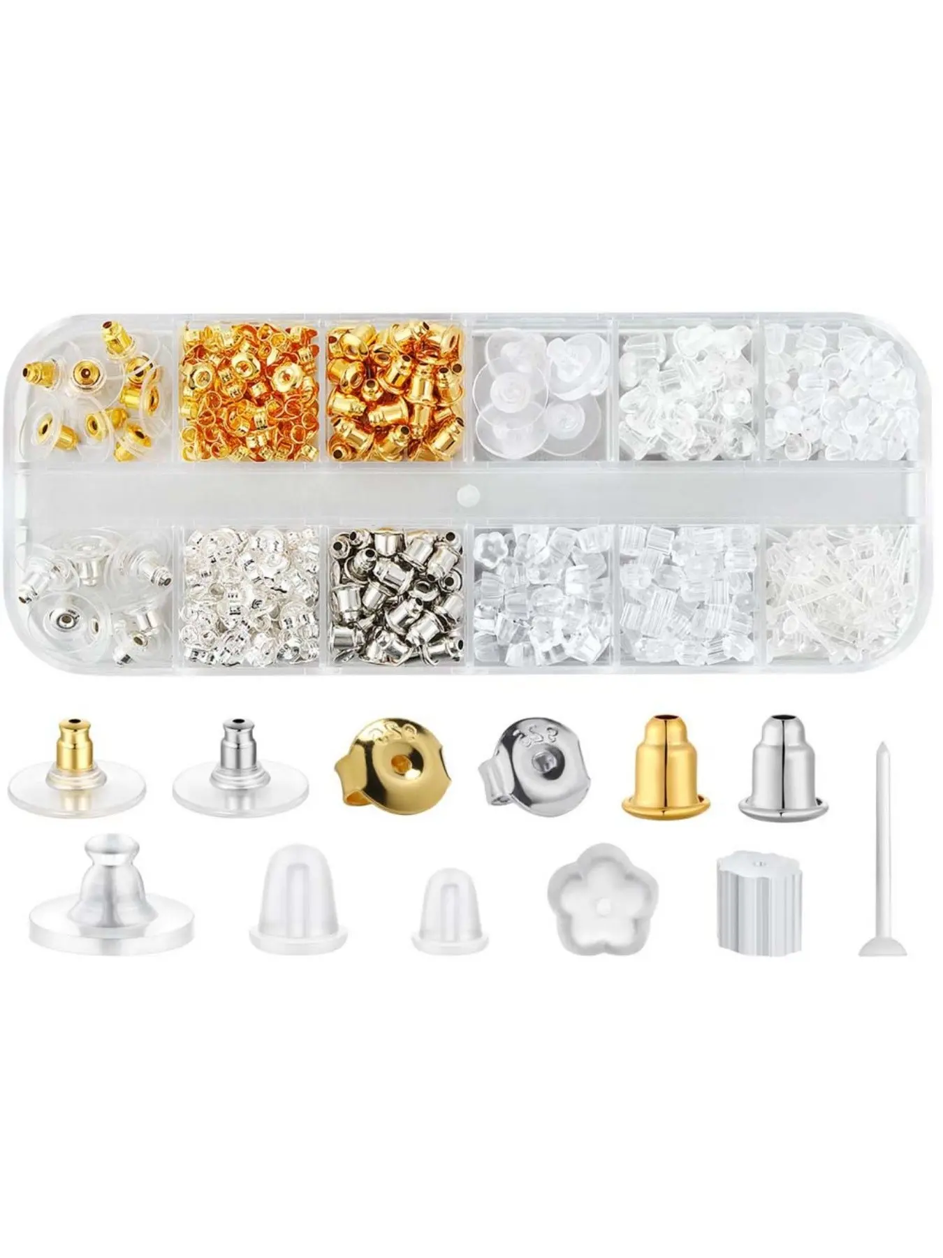 6 Styles Silicone Earring Backs, 600 Clear Soft Hypoallergenic Plastic Rubber Earring Backs Clutch Stoppers Kits for Fish Hook Hoops