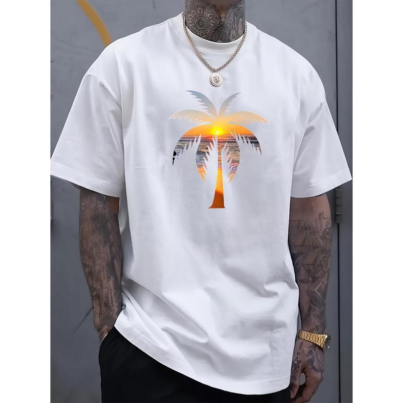 Men's Summer Casual Top with Sunset Coconut Tree Print – Slight Stretch, Regular Fit, Athleisure Style