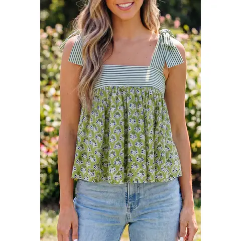 Women's Retro Vintage Boho Print Babydoll Tank Top - Square Neck, Hand-Tied Straps, Stripe Floral Patchwork Splice, Breezy Cotton Viscose Beach Fabric, Medium Length, Casual Fit, Cute Tops, Clothes for Women, Summer Wear