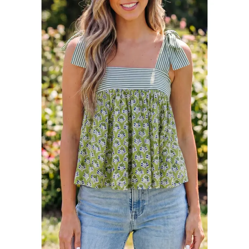 Women's Retro Vintage Boho Print Babydoll Tank Top - Square Neck, Hand-Tied Straps, Stripe Floral Patchwork Splice, Breezy Cotton Viscose Beach Fabric, Medium Length, Casual Fit, Cute Tops, Clothes for Women, Summer Wear