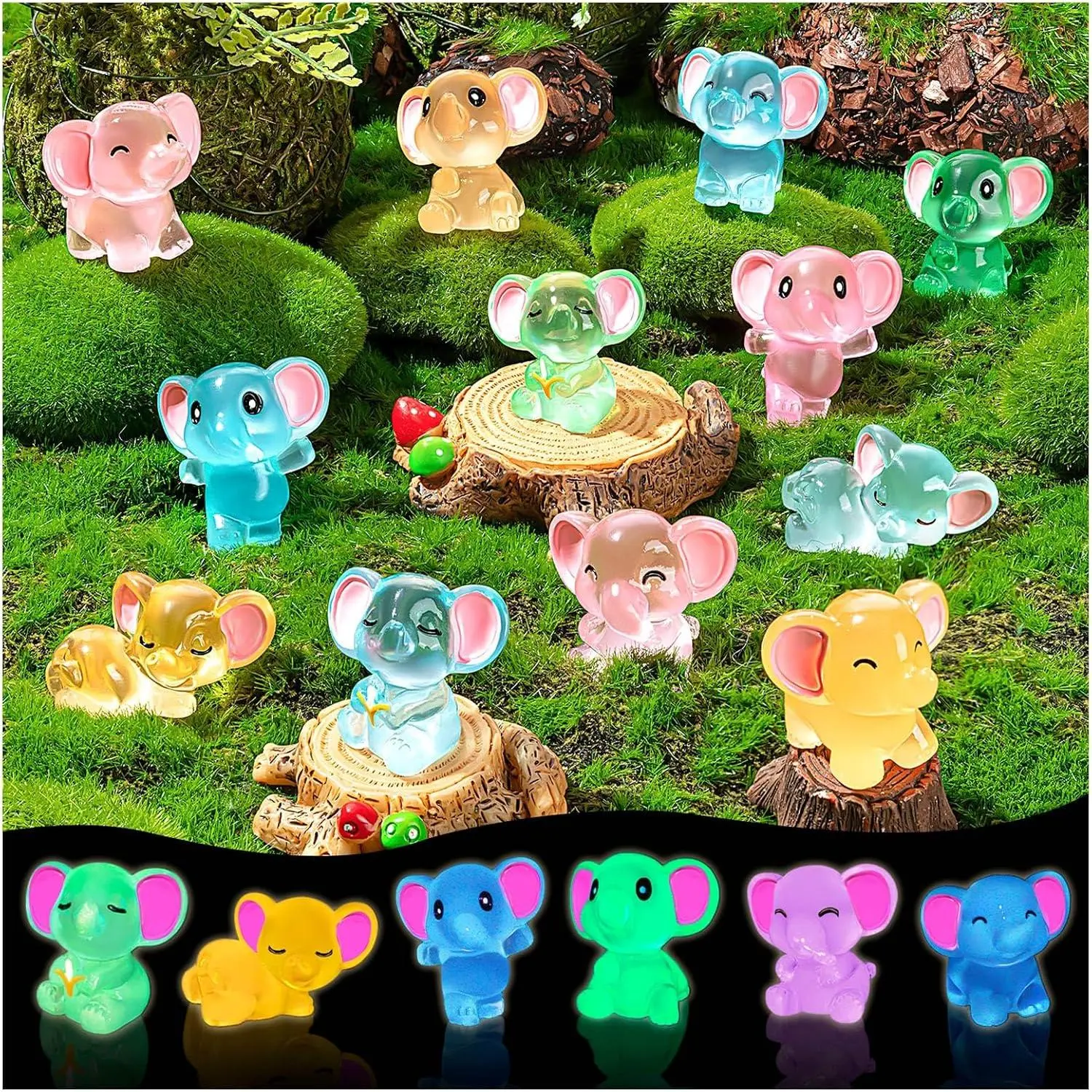 24 Pcs Mini Resin Elephant Animals Figures Cute Luminous Resin Miniature Elephant Small Garden Accessories Bulk Glow in The Dark for Fairy Garden Terrarium Accessories Decor Micro Landscape Craft