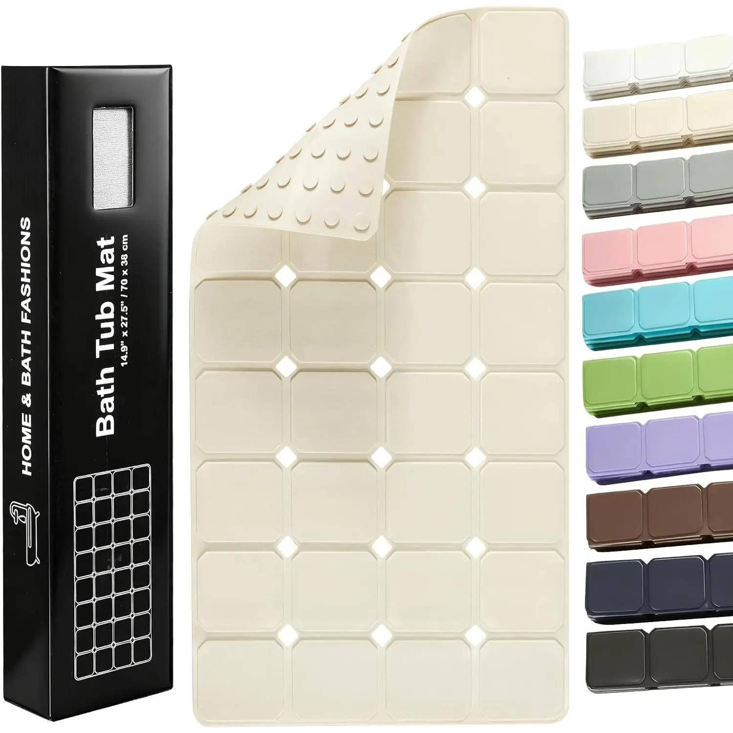 Non-Slip  Bathtub Mat, Foldable Bath Tub Mat, 14.9 x 27.5in, Beige | Bathroom shower mat with suction cups, Machine Washable, Durable & , Large Drain Holes, Ideal for Family Use