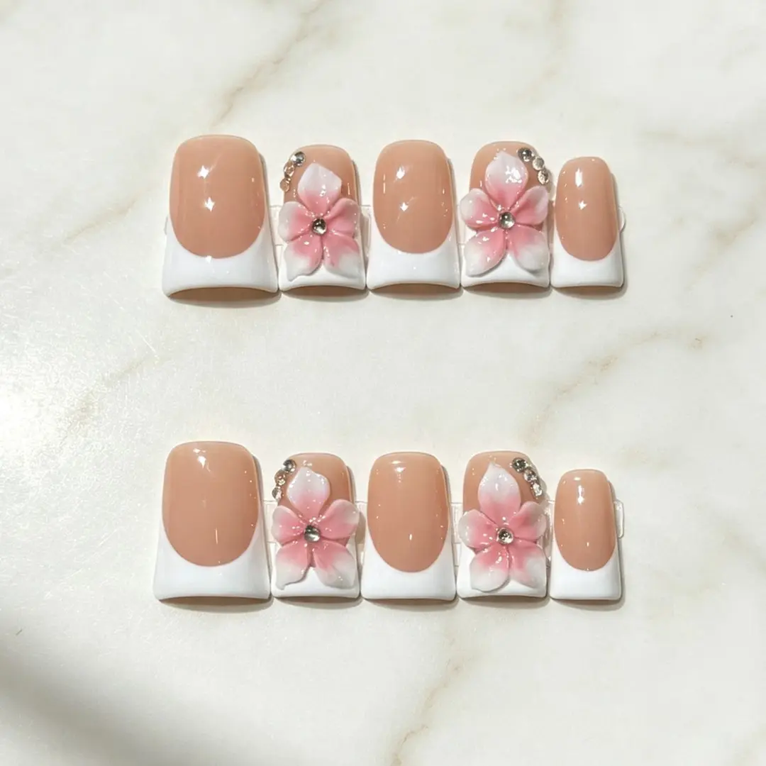 10-Piece Set, Handmade Nail Art, Duckbill Shape, 3D Flowers, Classic Simple Style, Reusable False Nails for Women, Daily Wear