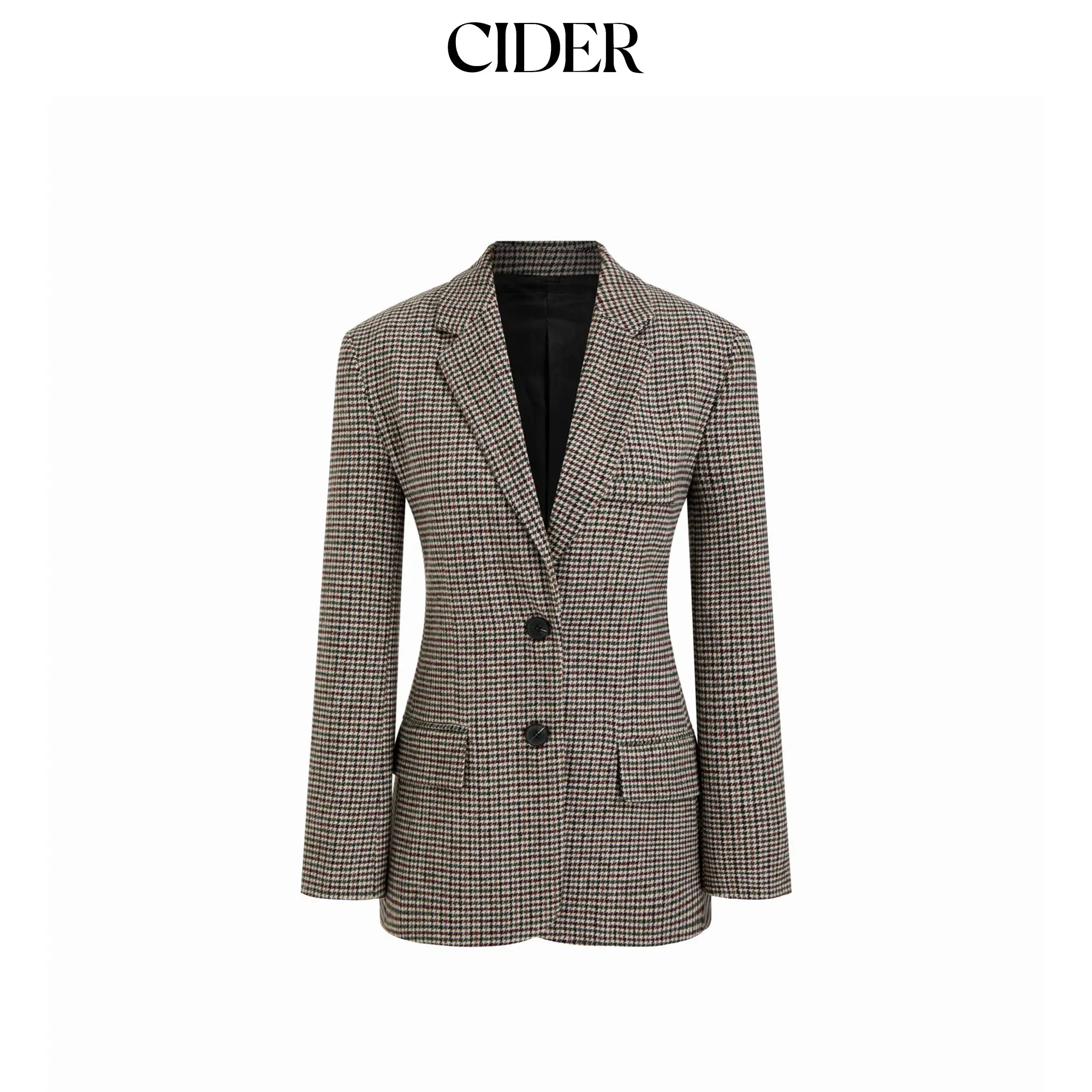 Cider Notched Collar Houndstooth Cinched Waist Button Blazer