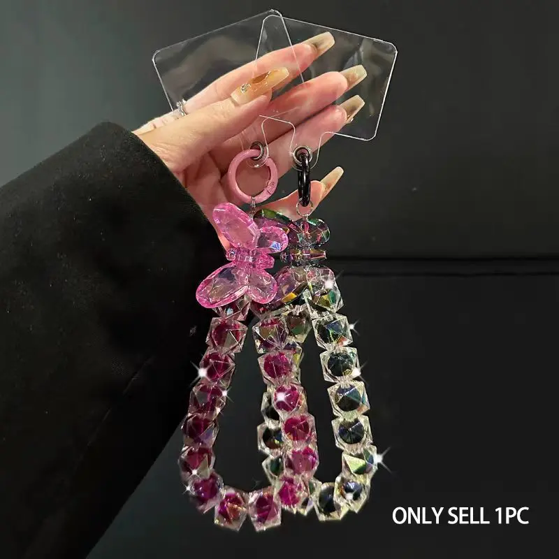 Butterfly Crystal Beaded Phone Wrist Strap Sparkly Rhinestone Bead Phone Lanyard Anti‑Lost Phone Charm With Clear Patch For Smartphone Case Cell Phone Accessories