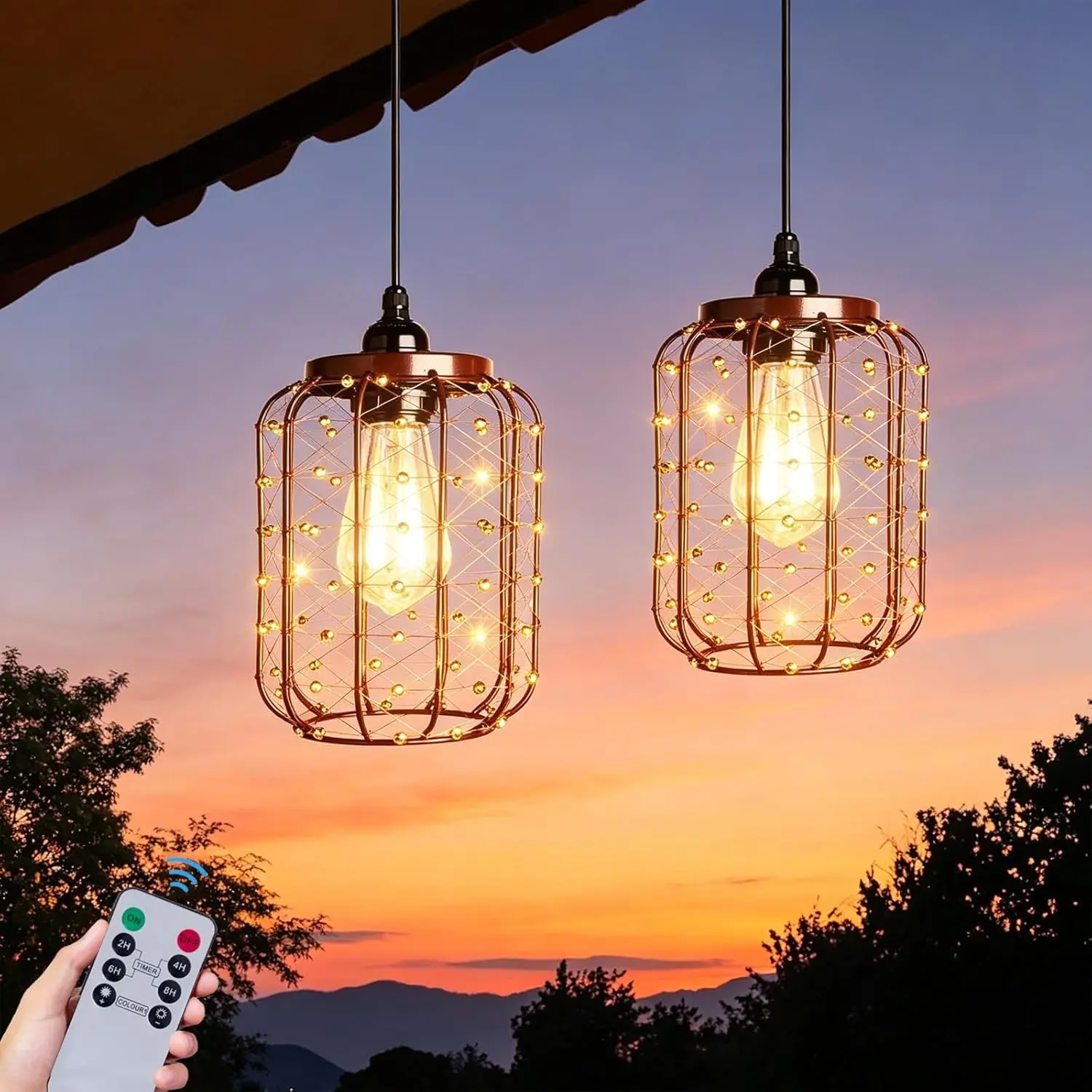 Battery Operated Hanging Outdoor Chandelier, Battery Pendant Light 4 AA Battery-Powered for Gazebo, Pergola, Porch, Patio, Outdoor Decor Lighting