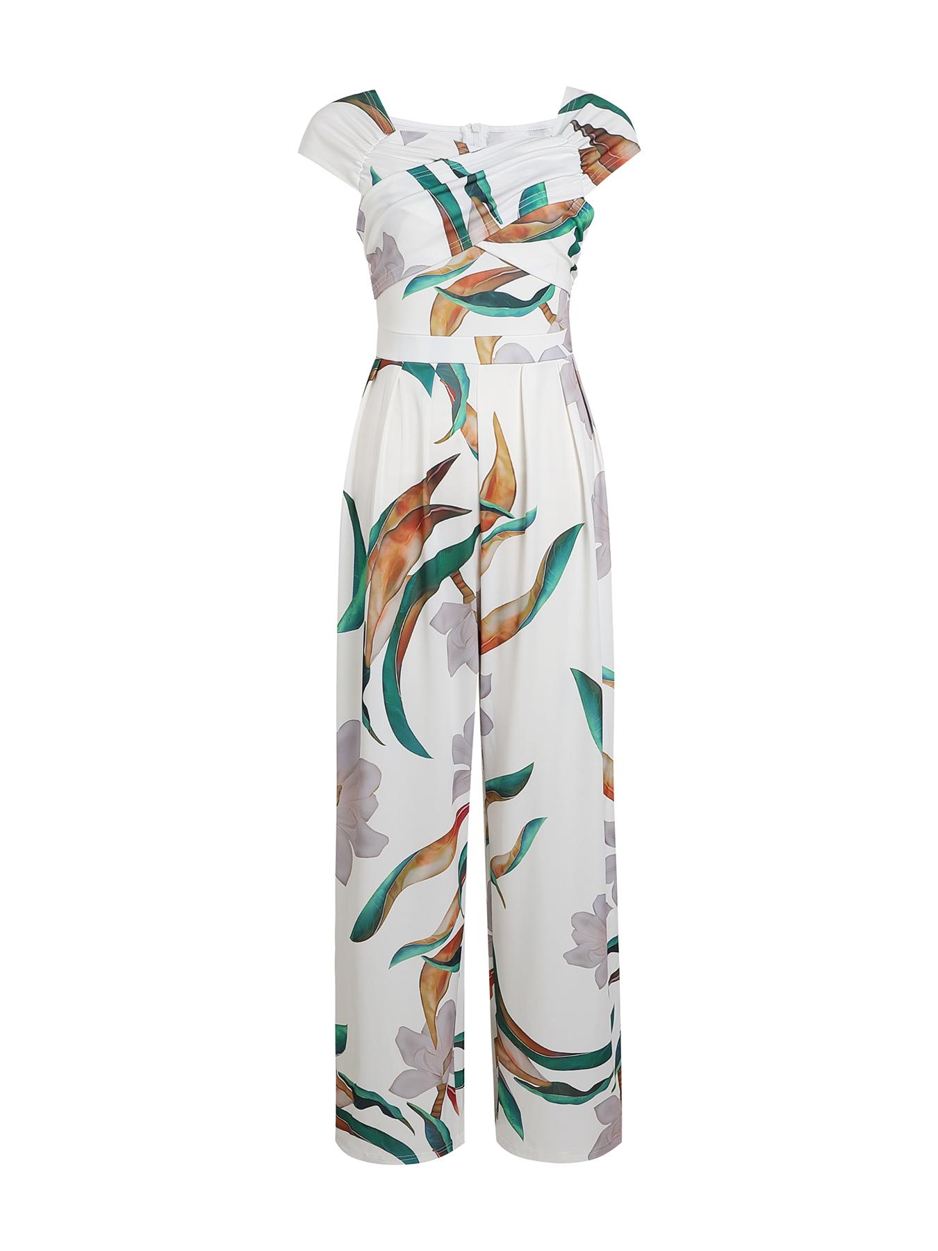 Women's Floral Print Off-Shoulder Wrap Jumpsuit, High Waist Fitted Jumpsuit, Boho Style Sexy Fashion Jumpsuit for Women