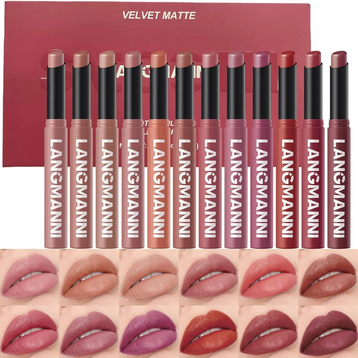 Women's 12Pcs Velvet Matte Lipstick Set - Nude, Soft Dark Shades, High Pigmented, Long-Lasting, Waterproof Makeup Lip Balm Beauty Cosmetics Gift (01#-12#)