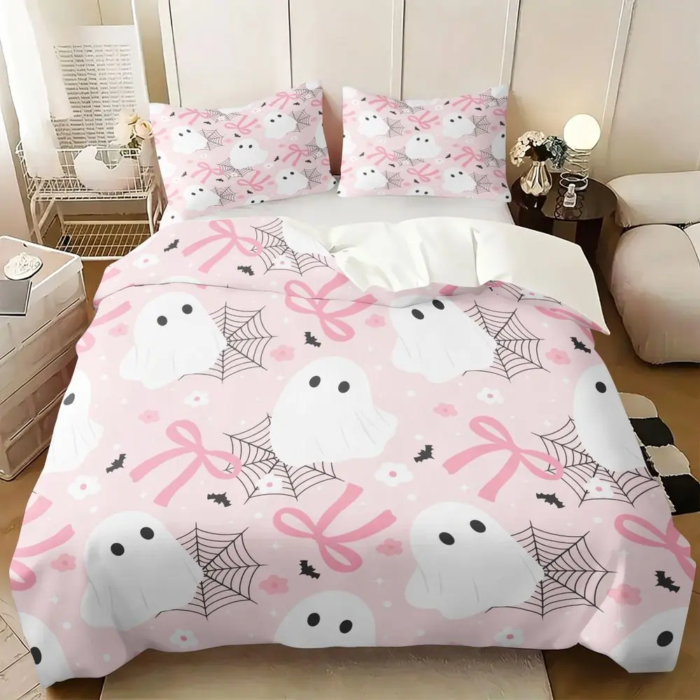 2/3Pcs Cute Pink Ghost Duvet Cover Set, Spooky Kawaii Bedding Set with Bows and Spiderwebs, Soft Halloween Duvet Cover with Pillowcase for Girls Bedroom Aesthetic Decor No Fillers Bed Sets Supplies