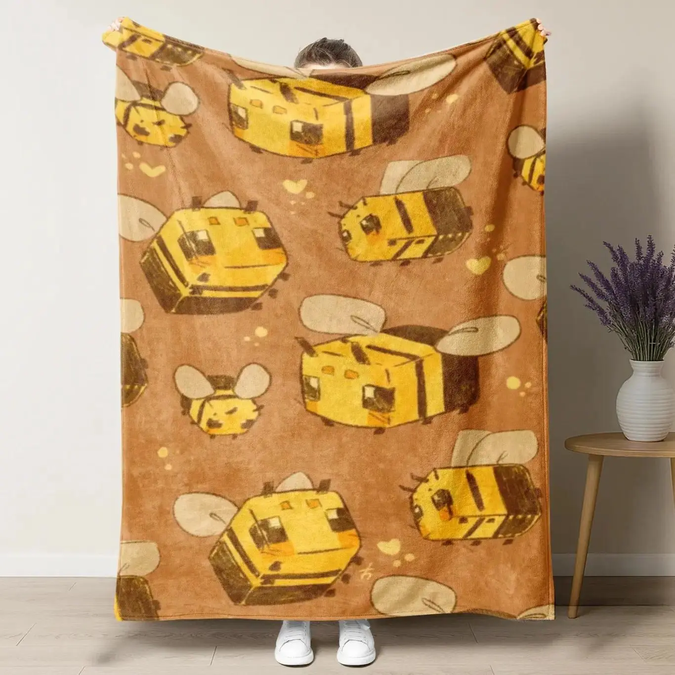 Cute Minecraft Blocky Bee Throw Blanket - Kawaii Minecraft-Inspired Honeybee Fleece Blanket for Gamers & Kids - Soft Cozy Yellow Aesthetic Room Decor for Fans