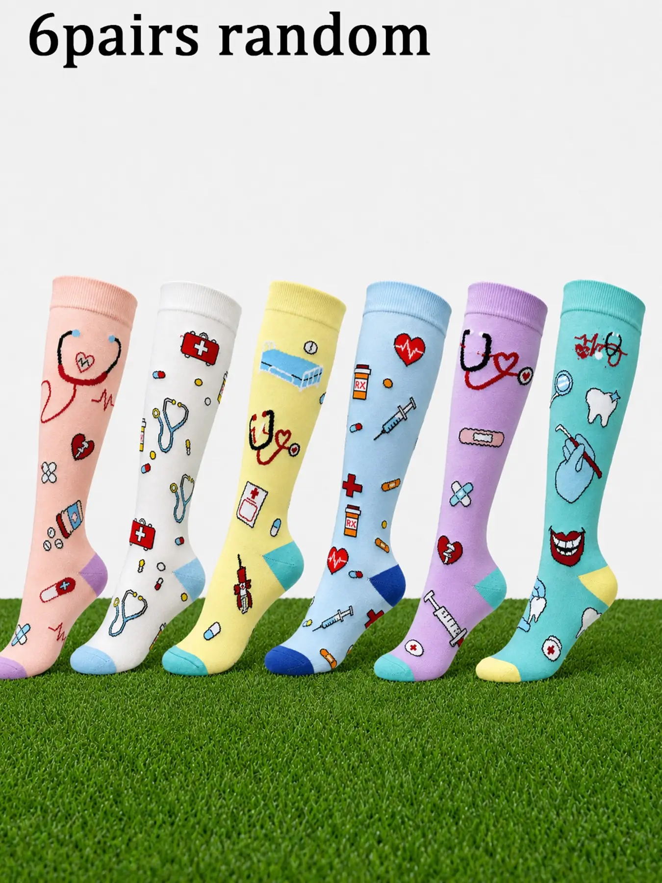 6 Pairs Novelty Unisex Couple Compression Knee‑High Socks, Medical Cartoon Printed Socks with Stethoscope, Tooth & Pill Bottle Pattern, High‑Elastic Breathable Calf Socks for Nurses & Doctors, Ins Trendy Long Socks, All‑Season Daily Commute Gift Socks for