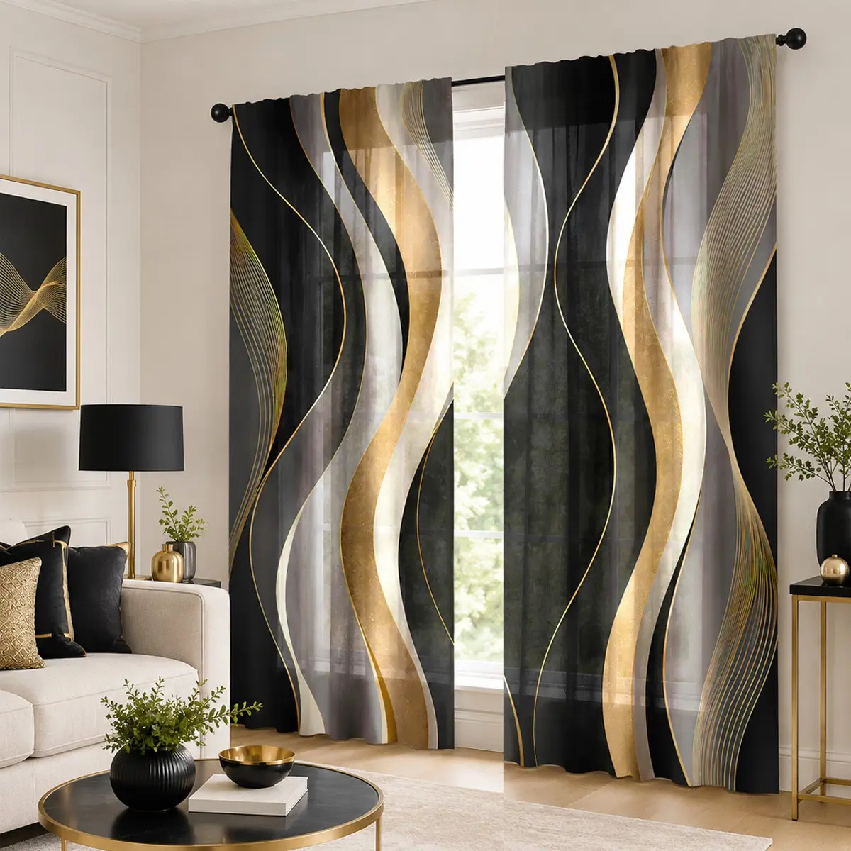 2pcs Black and gray abstract wave semi-blackout curtains with gold gilding. Modern light luxury marble textured gold-lined printed fabric curtains, made of polyester, suitable for bedrooms, kitchens, studies, cafes, etc.