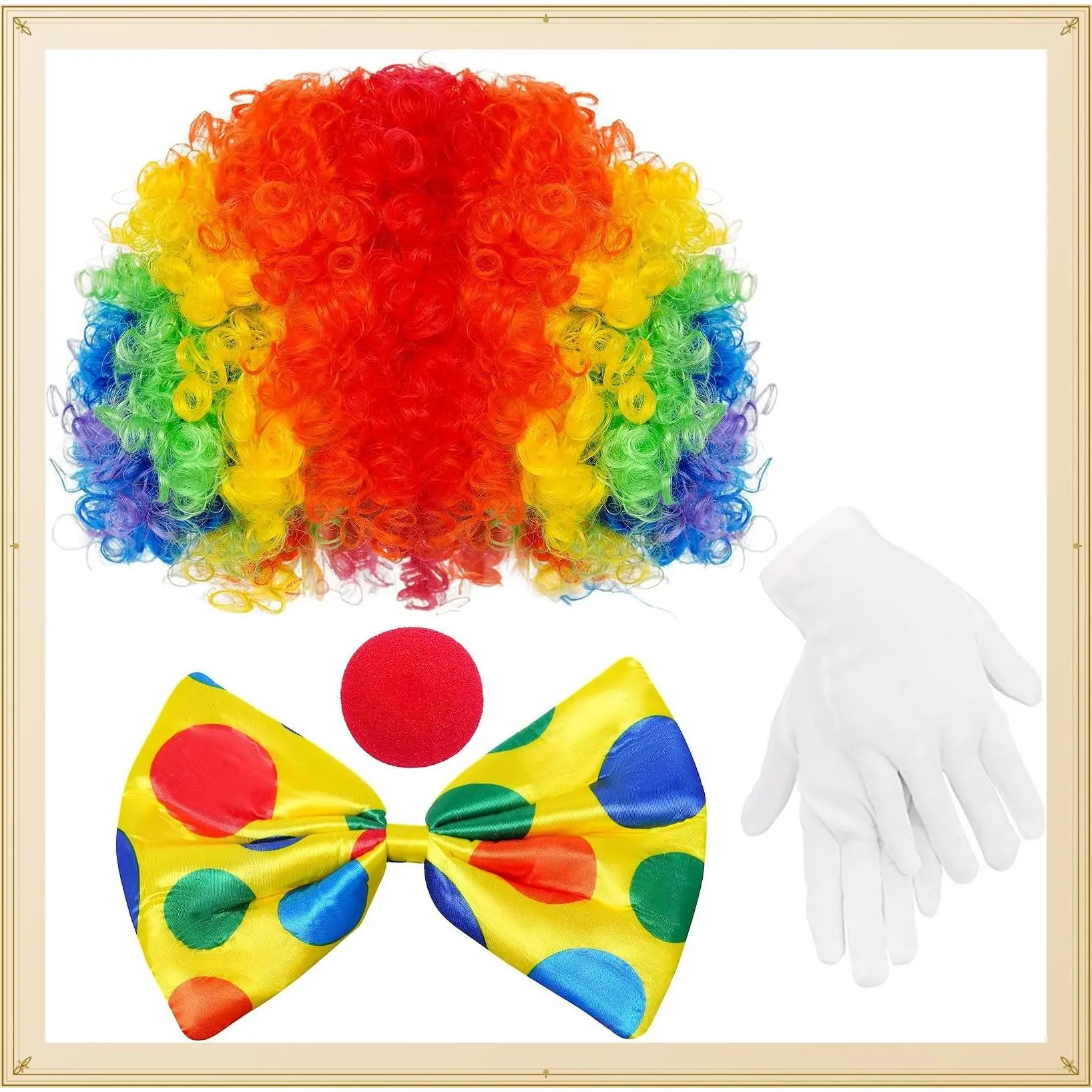 Clown Costume Rainbow Wig Red Nose Bow Tie Gloves for Men Women Adult Party | for Halloween, Carnivals, DecorationsGift