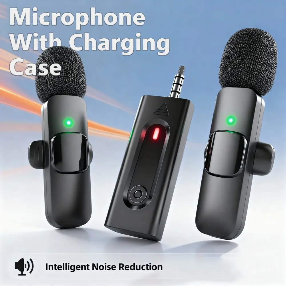 4-In-1 Wireless Lavalier Microphone, 2-Piece Cordless Mic for iPhone/android/camera/laptop, Low Latency Noise-Canceling Mic for Recording & Streaming, Noise Reduction Mic