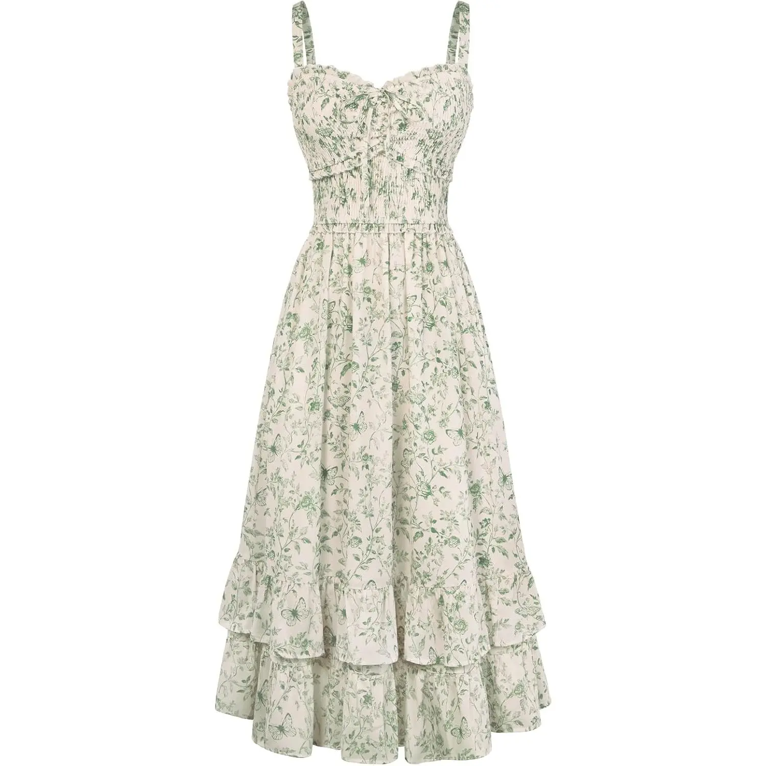 Women's Floral Cottagecore Sundress, Lightweight A-Line Casual Dress with Smocked Bodice, Adjustable Straps and Pockets, Corset, Casual Wear, A-Line Dress, Shoulder Strap, Chiffon Fabric, Double Layer, Smocked Front, All-Over Smocked Bodice, Beach, Hat, F