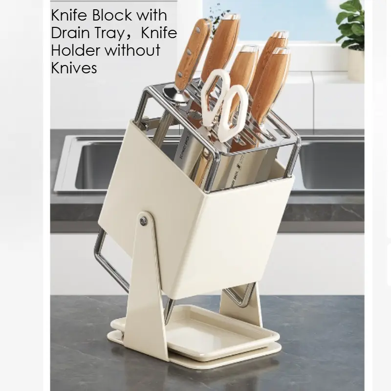 Knife Block with Drain Tray，Knife Holder without Knives Rotatable knife rack Slanted Knife Holder Storage Rack Kitchen Knife Rack Countertop Chopstick Cage Knife Integrated Storage Rack Wall-Mounted Knife Block Modern Kitchenware