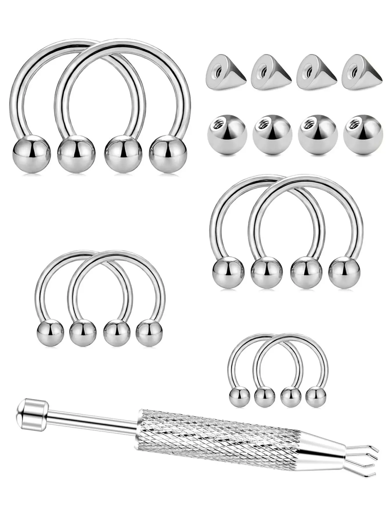 16G Horseshoe Septum Rings 6/8/10/12mm with Tool & Ball Grabber, Hypoallergenic for Nose, Rook, Cartilage, Helix, Lips-Silver Gold 316L Surgical Steel Septum Piercing jewelry