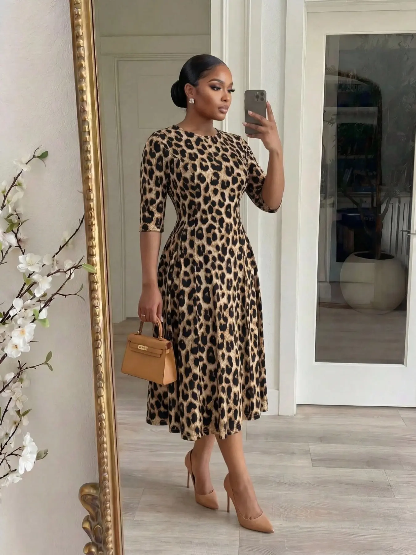 Plus Size Women's Classic Leopard Print Round Neck Dress, Elastic Fitted Elegant Style Midi Dress, Summer Fashion