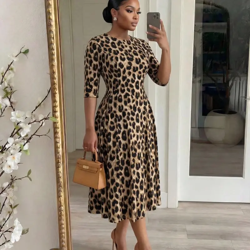 Plus Size Women's Classic Leopard Print Round Neck Dress, Elastic Fitted Elegant Style Midi Dress, Summer Fashion, Chic
