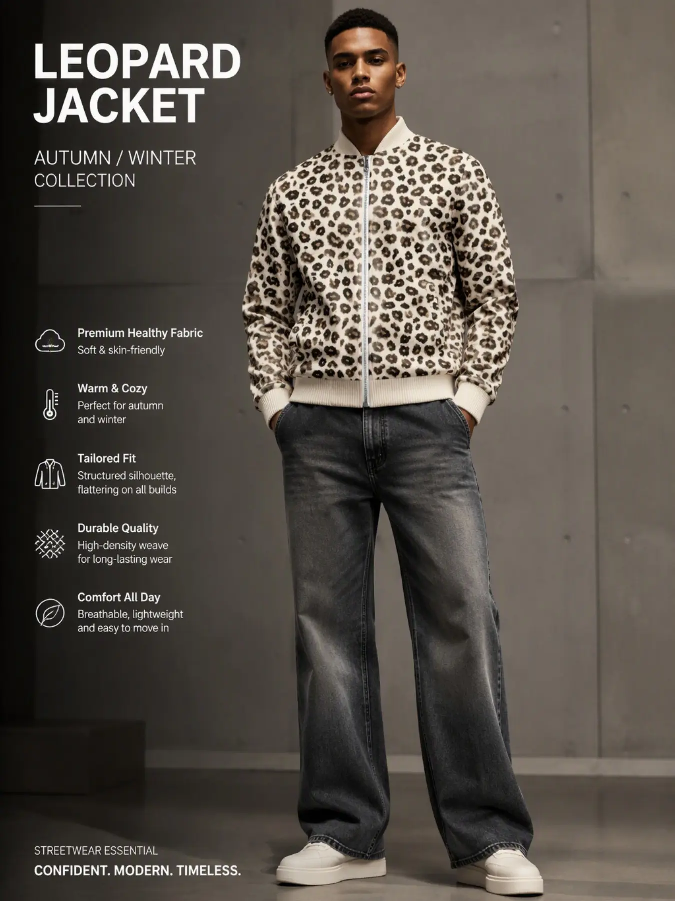 Men's Classic Leopard Print Full Zip Bomber Jacket, Vintage Animal Pattern Baseball Collar Windproof Jacket, Streetwear Fall Winter Coat