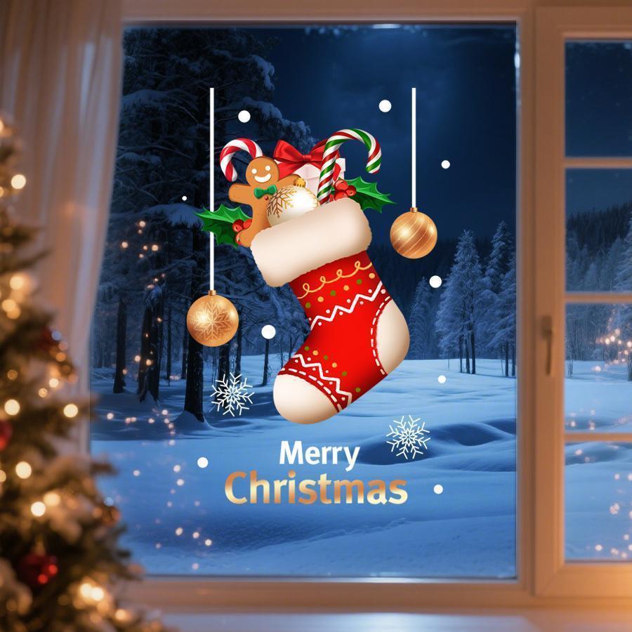 1 Piece of 45*60cm Christmas Glass Sticker, Christmas Decorative Window Sticker, a Whole Sheet of Static Cling Film Composed of Christmas Stockings, Snowflakes, Candy Canes, Light Balls, Gingerbread Men, Christmas Party Holiday Decoration Supplies