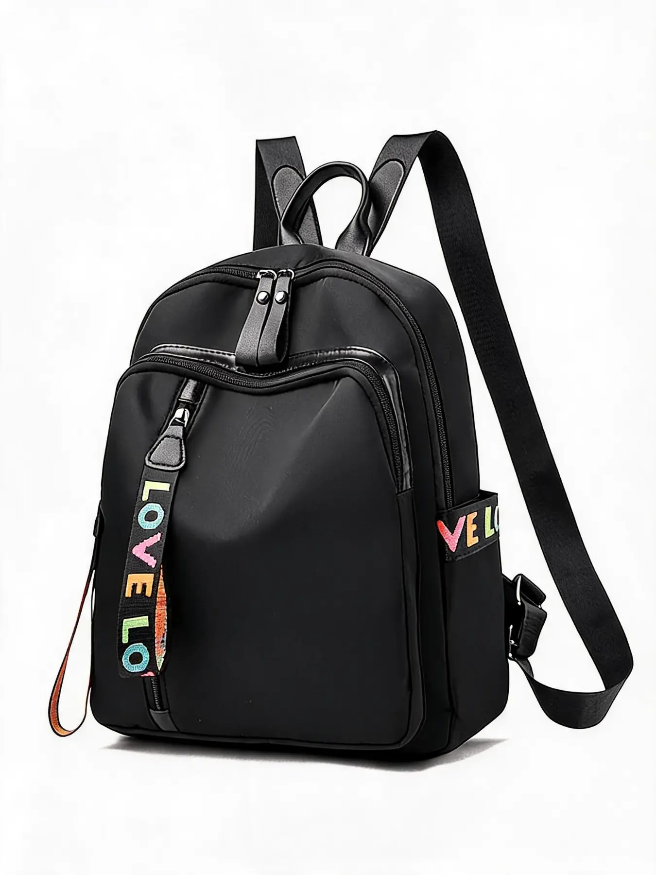 Simple Black Nylon Small Backpack Cute For Women Mini Crossbody Shoulder Bag With LOVE Color Woven Zipper Decoration Lightweight Weight Reduce For Daily School Short Trip Casual Use Backpack Sling Bag