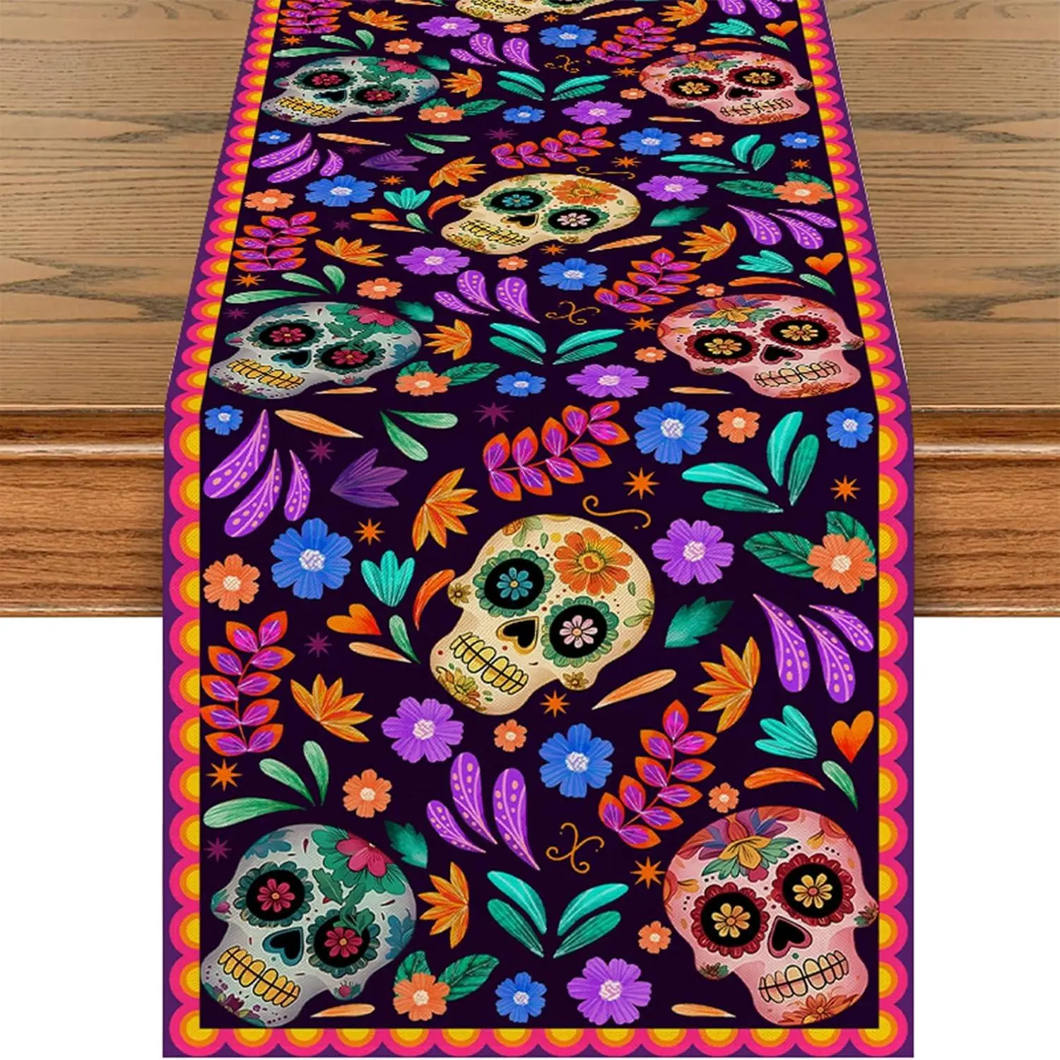 Mexican Sugar Skull Dia De Los Muertos Table Runner, Day of The   Kitchen Dining Table Decoration for  Party Decor 13x72 Inch