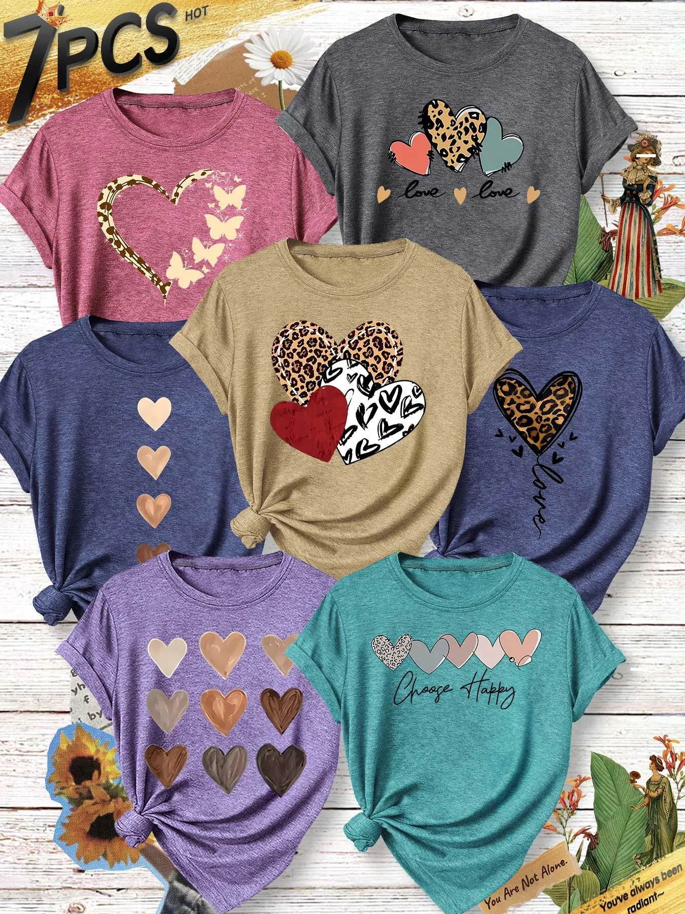 7Pcs Women Crew Neck T-shirt, Single Leopard Multi-block Heart Choose Happy Inspirational Print, Lightweight Soft Summer Casual T-shirt