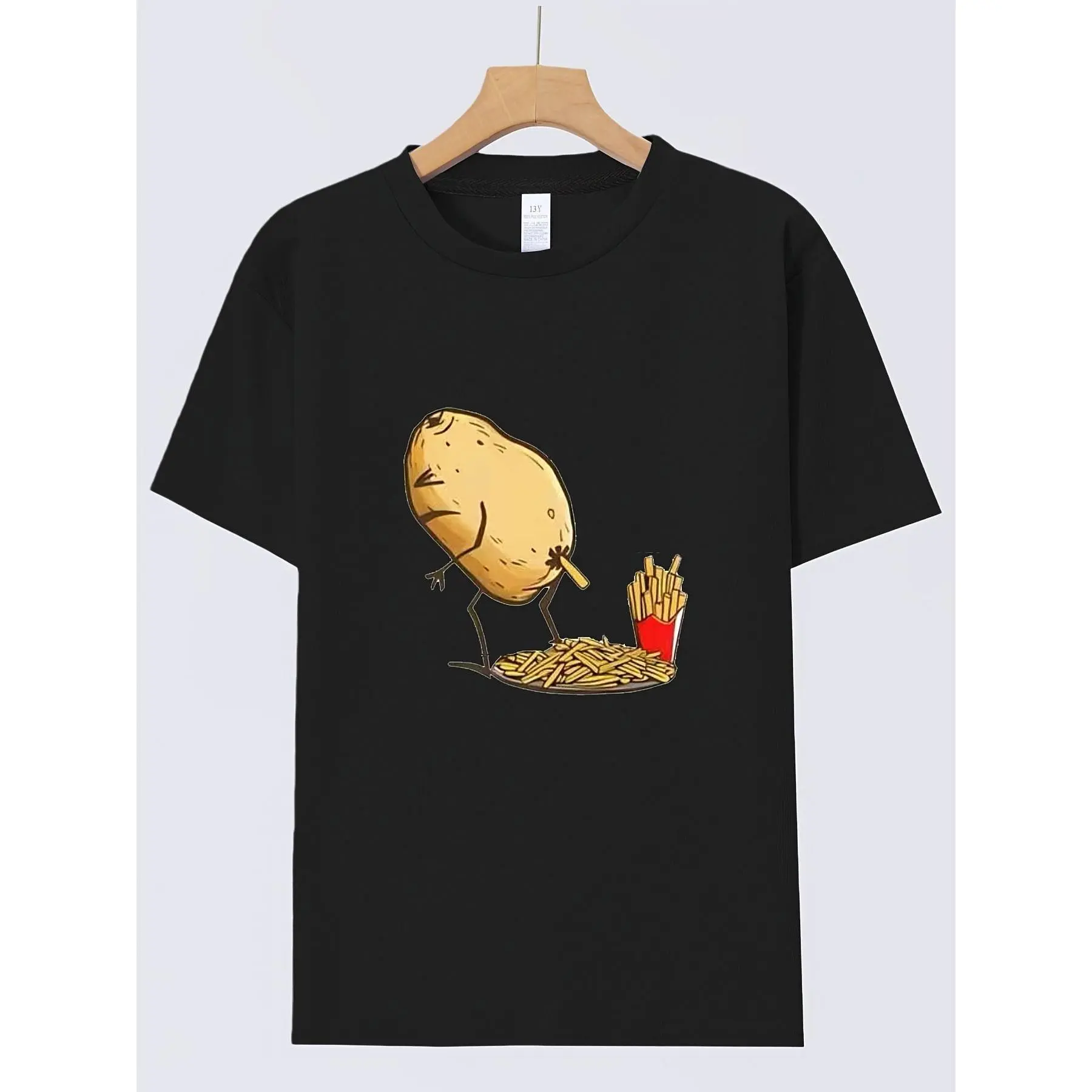 Boys Girls Funny Potato Graphic T Shirt, Casual Short Sleeve Crew Neck Tee, Back to School Outfit, Cute Food Print Kids School Shirt, Comfortable Daily Wear for Students