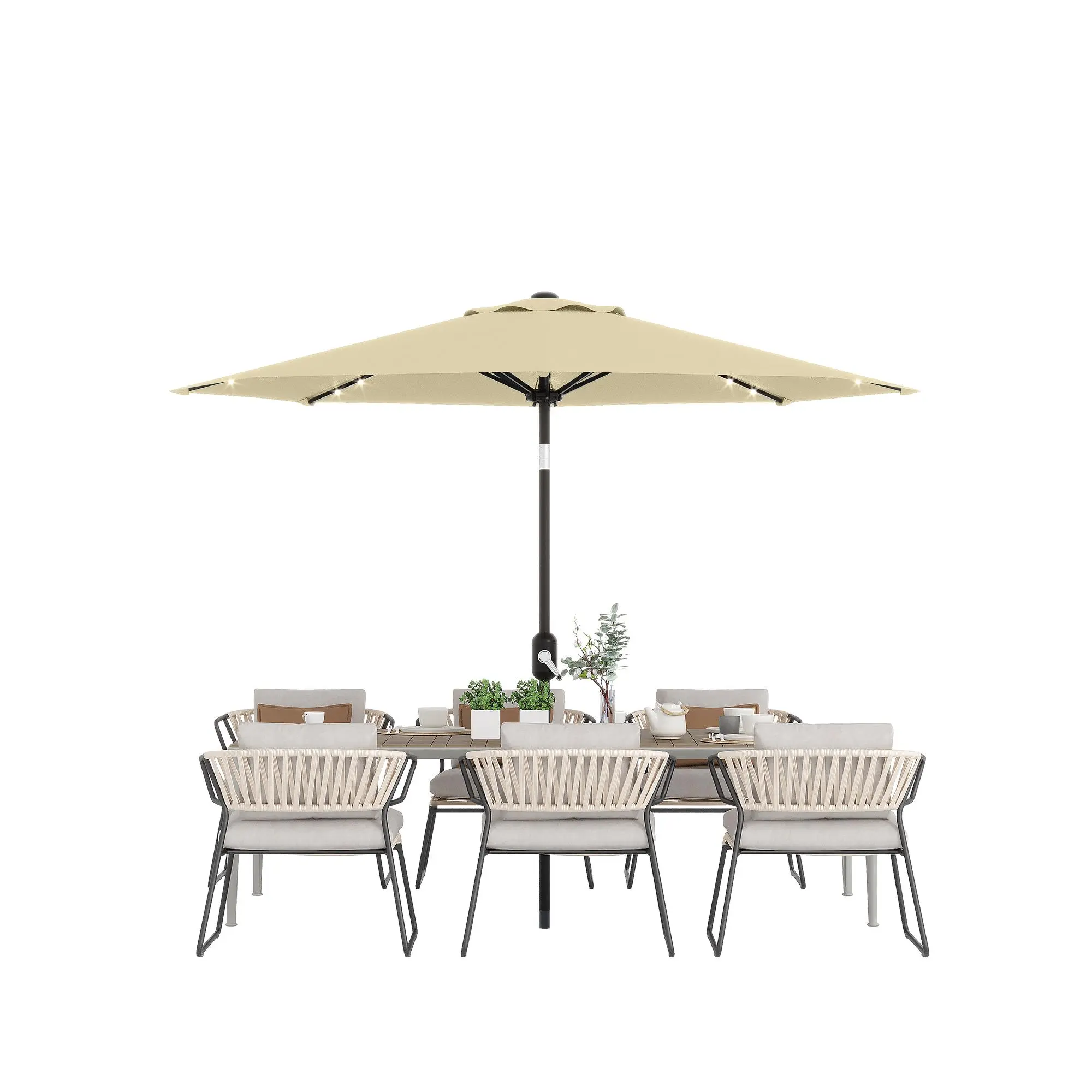 9FT Solar LED Patio Umbrella - 32 Lights Auto-Charging, 8-Rib Heavy Duty Steel Frame, Tilt Crank & UV Resistant, Waterproof Outdoor Market Umbrella for Pool Deck Garden