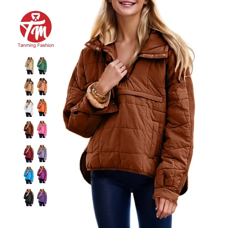1Women's Oversized Hooded Pullover Puffer Coat - Lightweight Quilted, Chest & Side Pockets, Minimalist Basic Tops, Autumn Winter Casual Outwear,back to school,back to school shopping