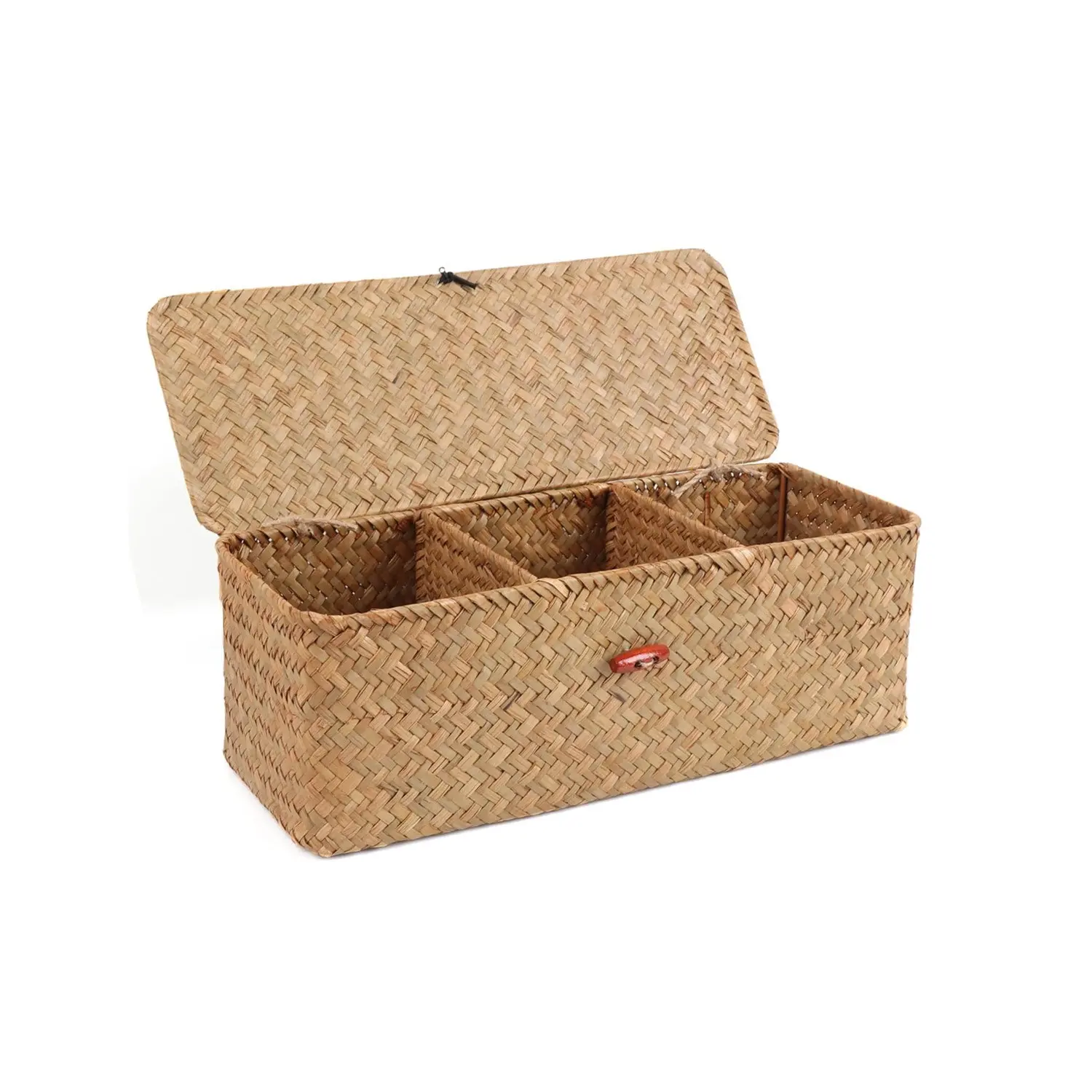 Covered Woven Storage Basket, Three Compartment Rectangular Organizer Box, Ideal for Closet, Desk, Bathroom, Home Storage Solutions
