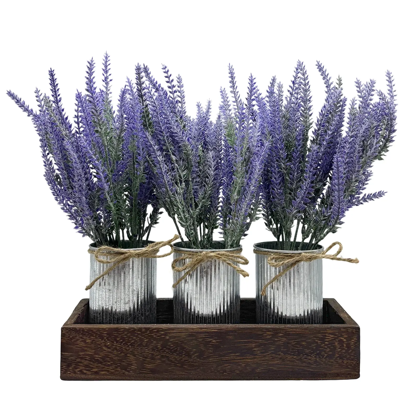 Farmhouse Table Centerpiece, 3-Piece Artificial Lavender Flowers Set - Decorative Wood Tray, Paper Pulp Pots & Galvanized Metal Bucket - Faux Greenery for Dining Room, Kitchen, Coffee Table, Office