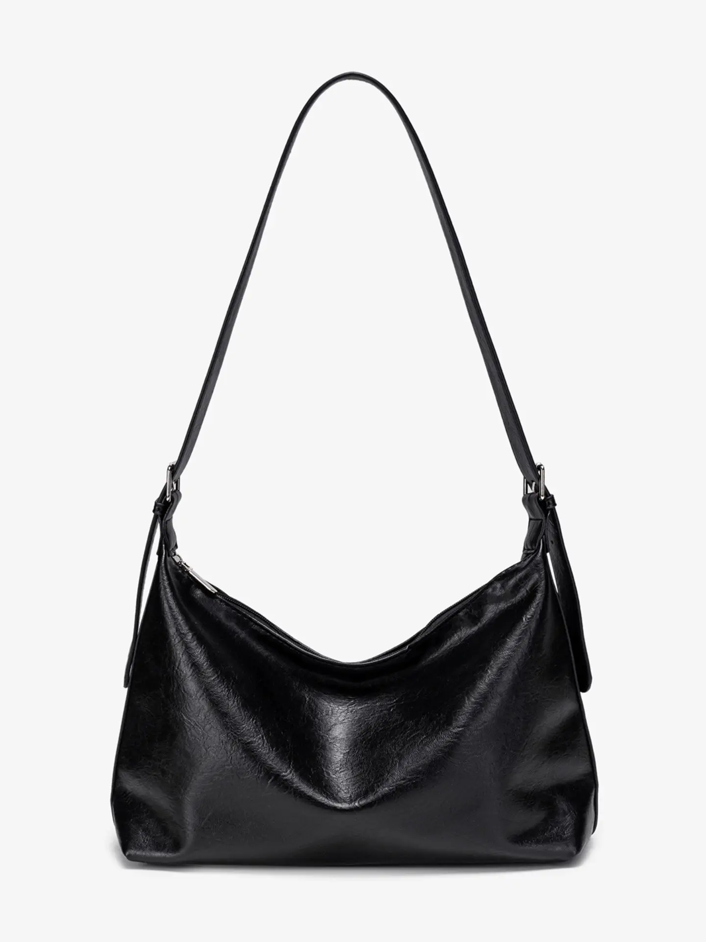 Black Vintage Crinkled Leather Hobo Bag! Adjustable Wide Shoulder Strap Soft Large Capacity Crossbody Purse, Minimalist Daily Shoulder Bag For Women, Casual Crossbody Bag, Everyday Crossbody Bag