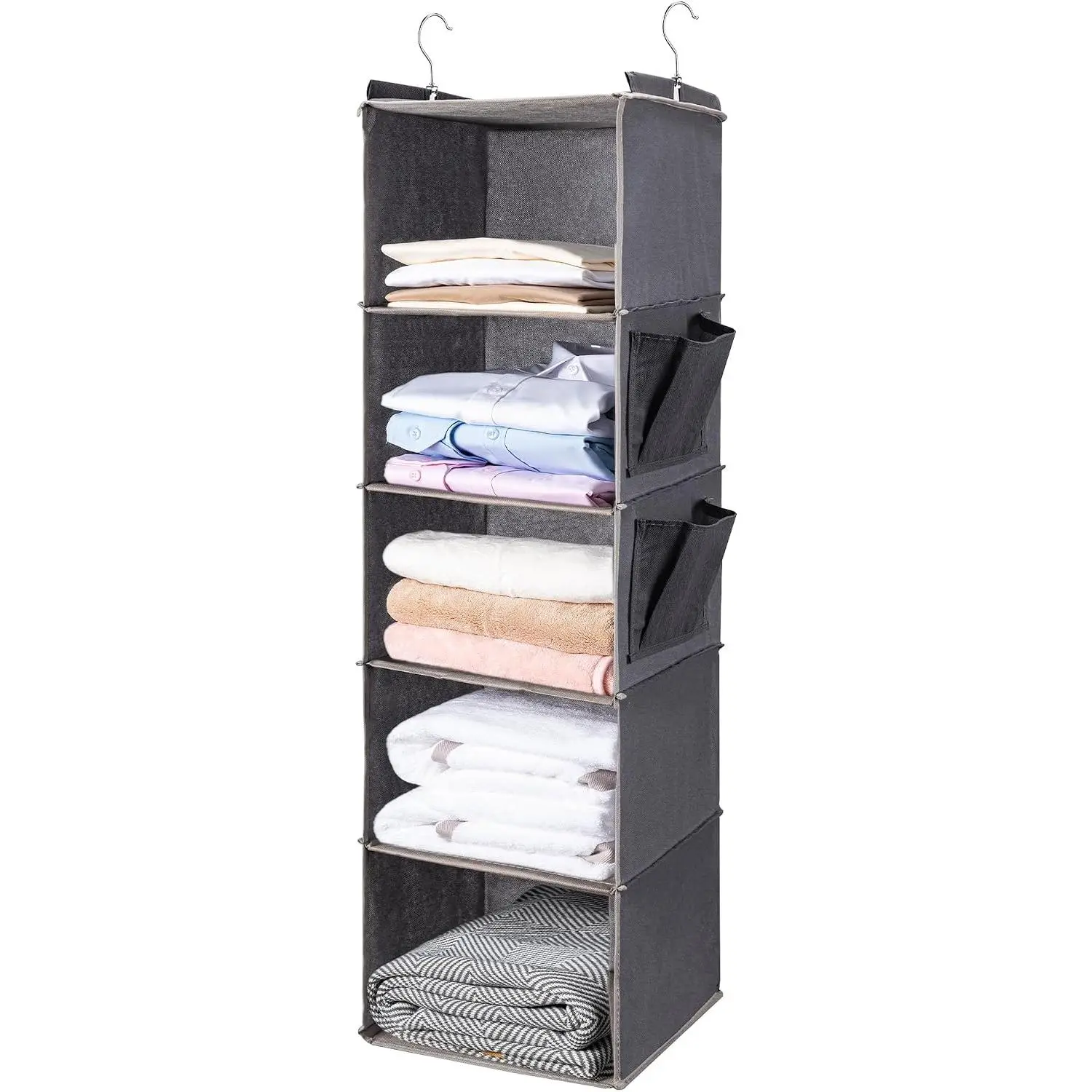 Steel 5-Shelf Compact Closet Organizer with 2 Side Pockets, Reinforced Foldable Storage Shelving Unit, Easy Installation (Grey)