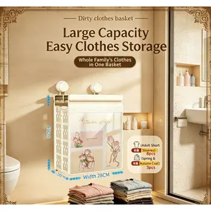 Bathroom Wall Art Hidden Storage - Suction Cup Mounted Foldable Laundry Hamper with Shelf Organizer, Waterproof Shower Decorative Painting, Space-Saving Home Organizer Gadget