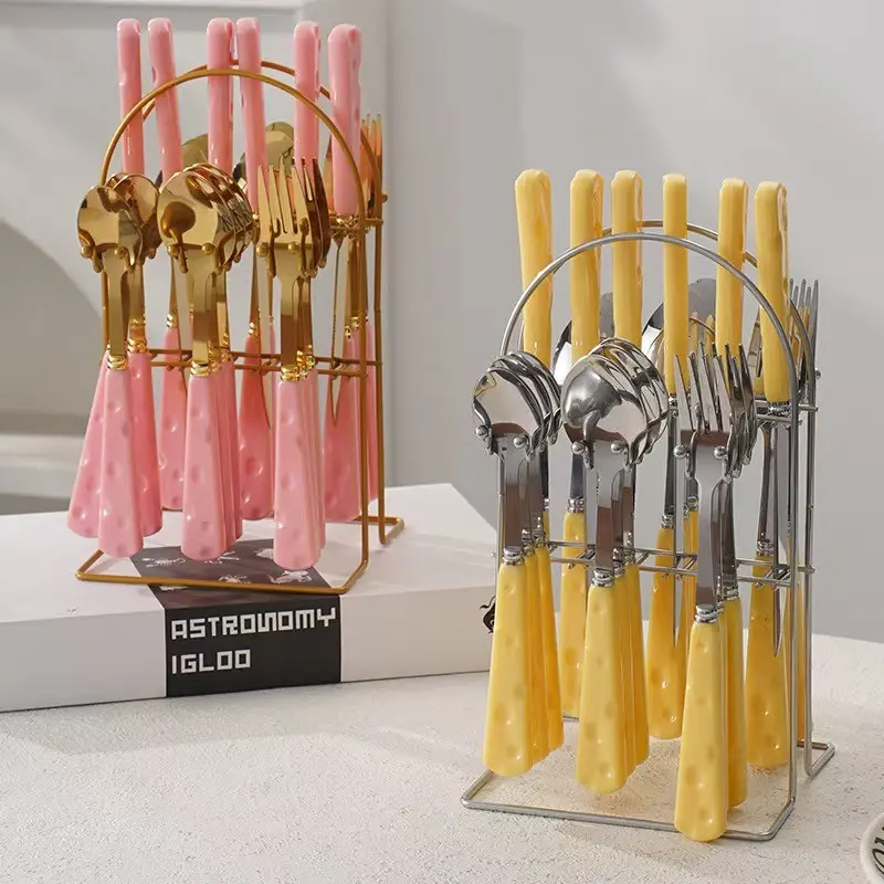 Stainless Steel Cutlery Set, Cute Cheese Knife Fork Spoon with Plastic Handle, Western Dining Utensils with Rack, Durable & Stylish Design, Tableware Cutlery Set, Kitchen Cutlery Set